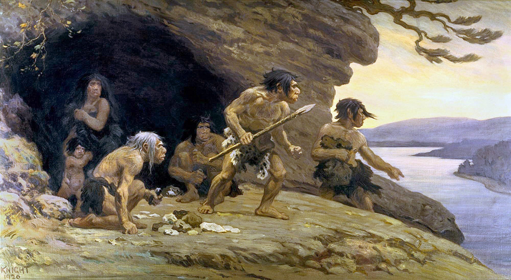 Неандертальцы у пещеры Ле-Мустье, юго-западная Франция (Charles Robert Knight, American Museum of Natural History). 