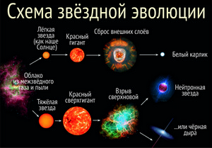 Жизненный цикл звезды в зависимости от её массы (по blackholecam.org).